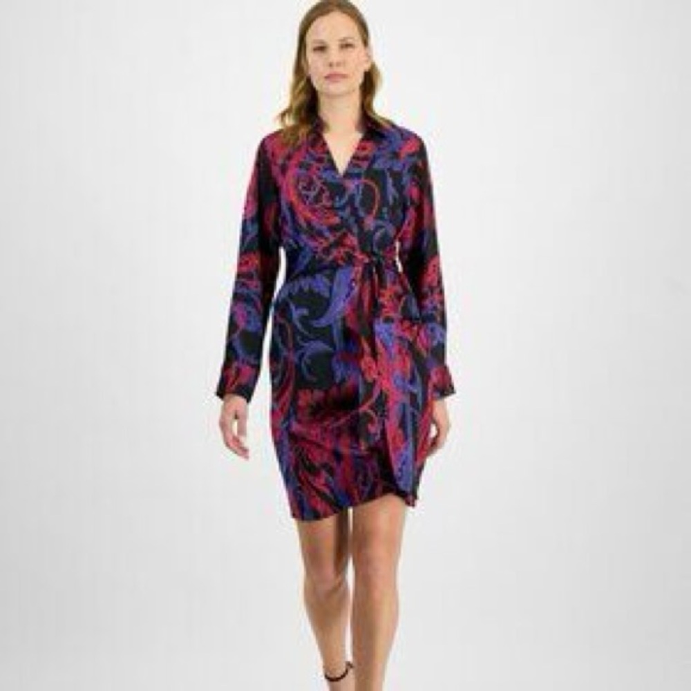 Tahari ASL NWT size 8 paisley side drape long sleeve satin dress